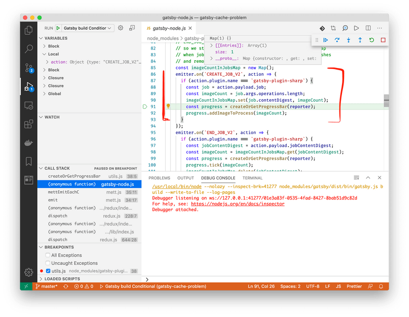 VS Code debugging / gatsby-node.js:91