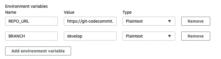 CodeBuild Console / Add Enviroment Variables