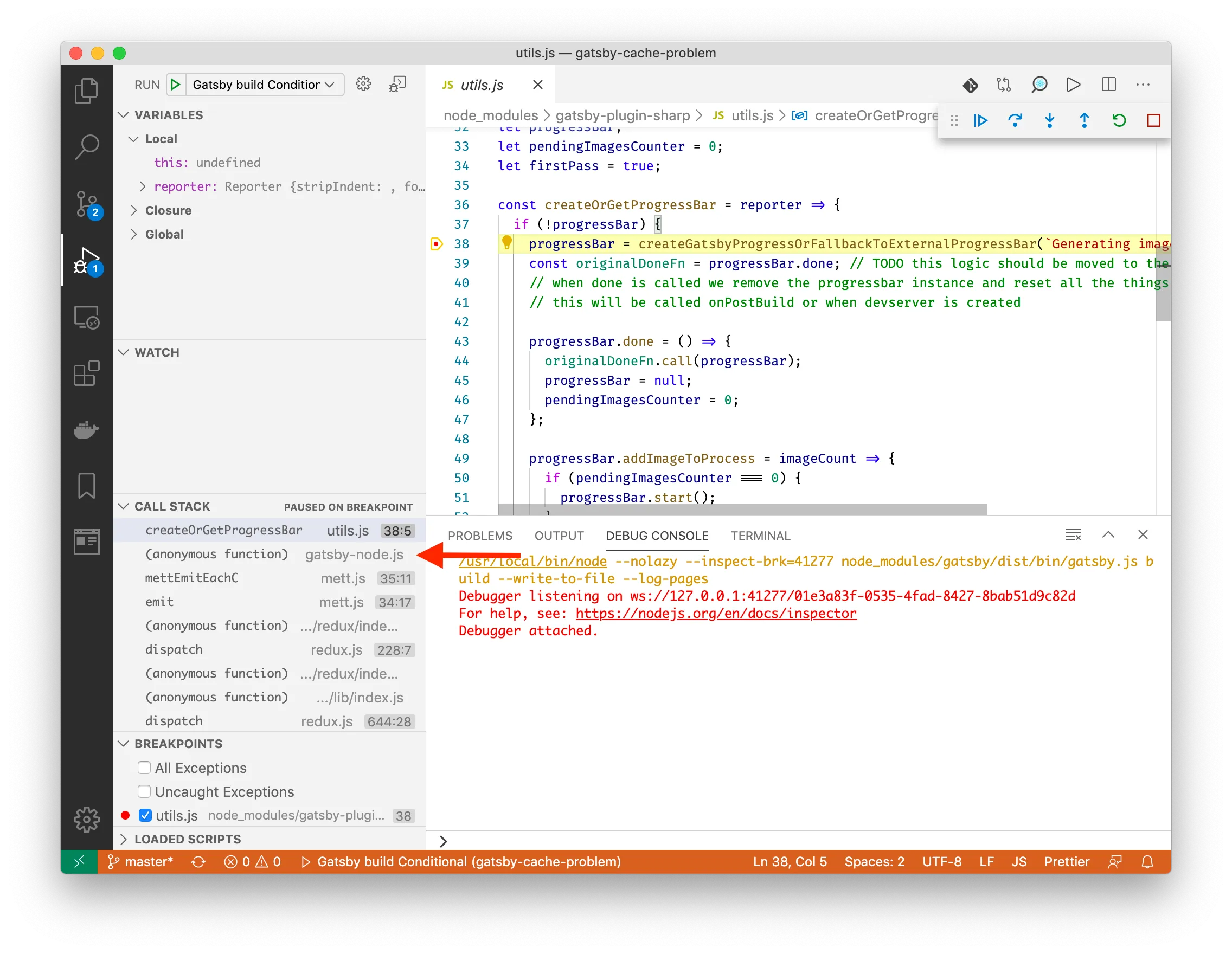 VS Code debugging / utils.js:38