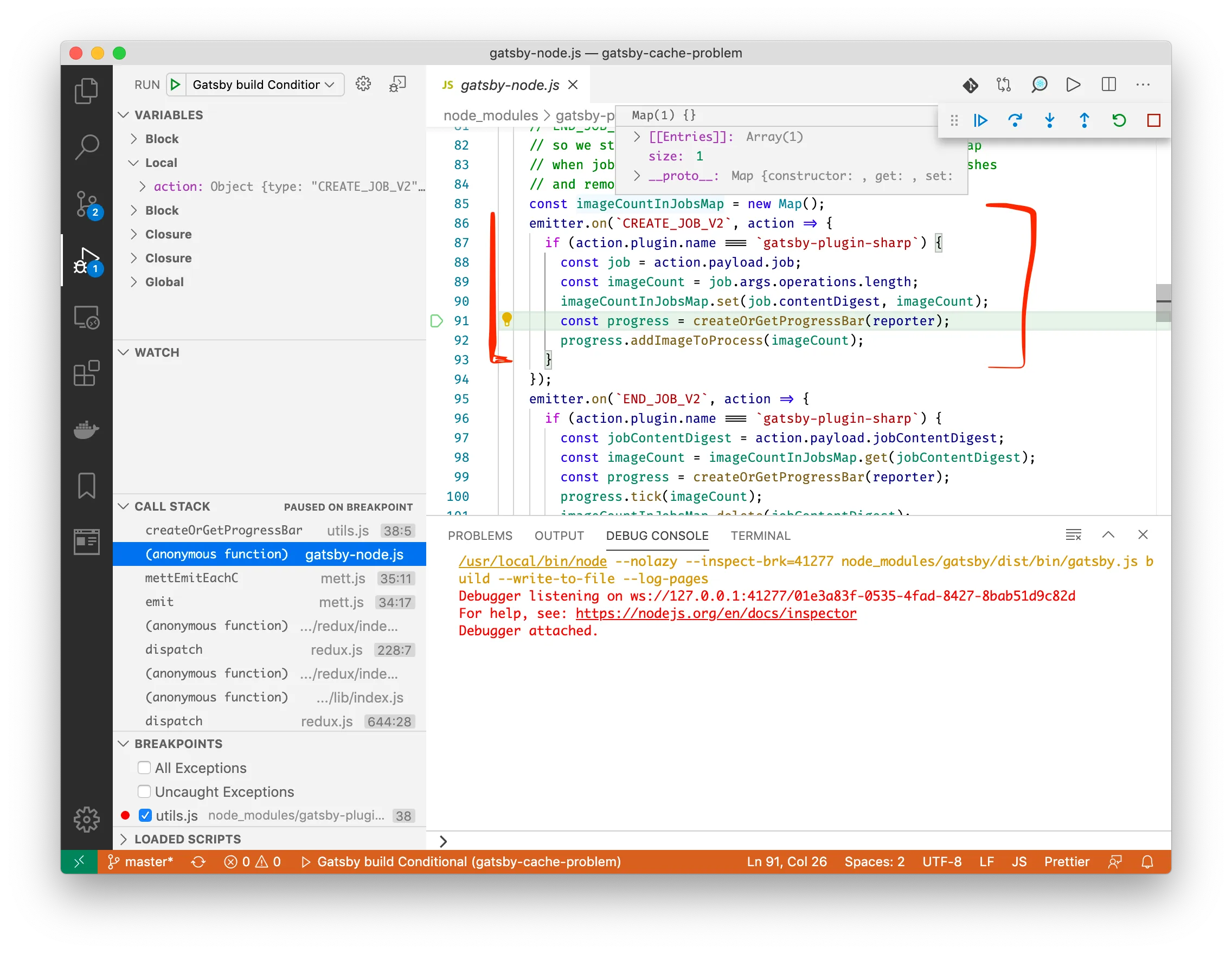 VS Code debugging / gatsby-node.js:91