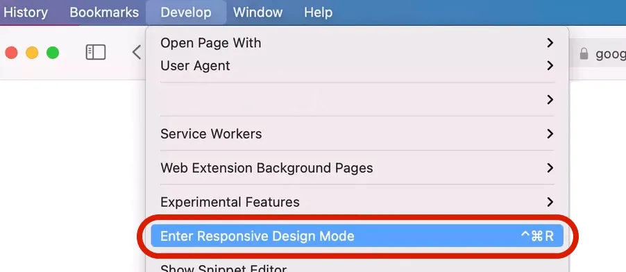 Safari Develop menu: Enter Responsive Design Mode