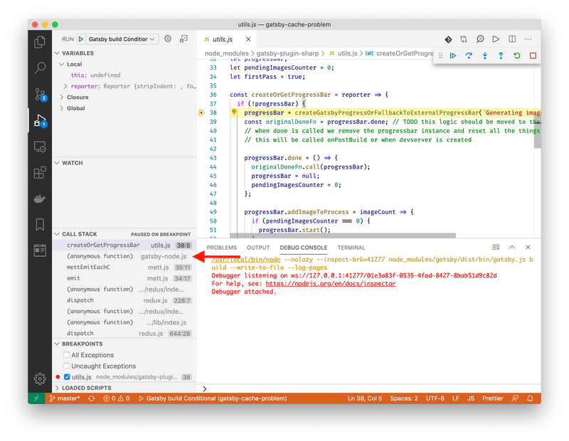 VS Code debugging / utils.js:38