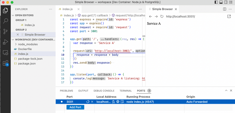 VS Code forwarded Ports tab