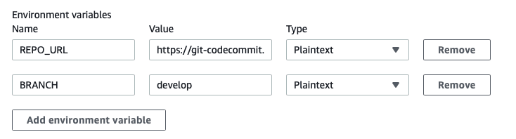 CodeBuild Console / Add Enviroment Variables